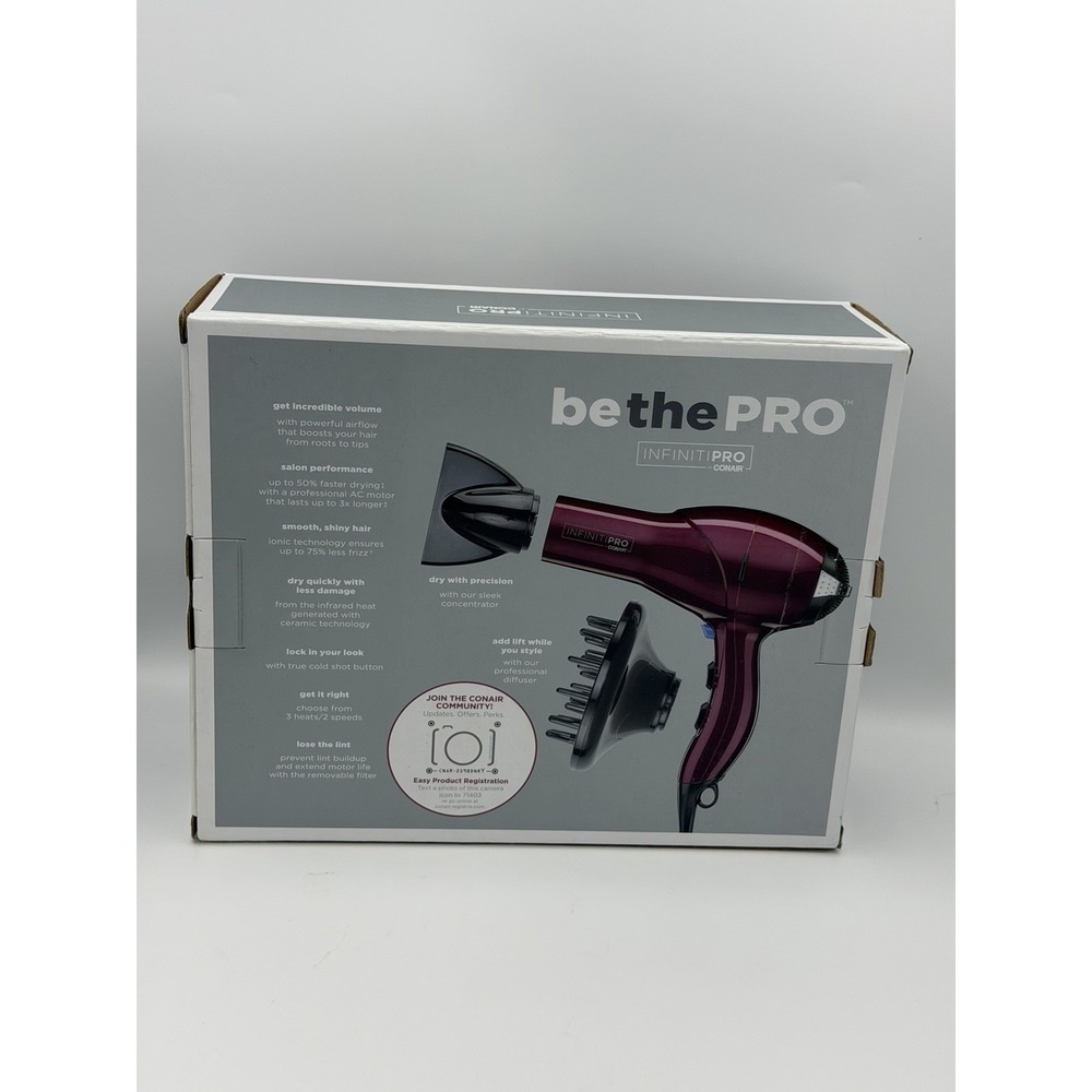 Conair Infiniti Pro Hair Dryer Purple Ionic Technology Diffuser